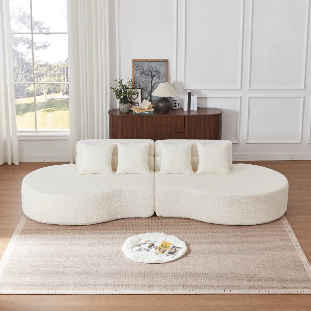 Divano modulare a 2 pezzi in schiuma con schienale a strati e design curvo, in ciniglia beige