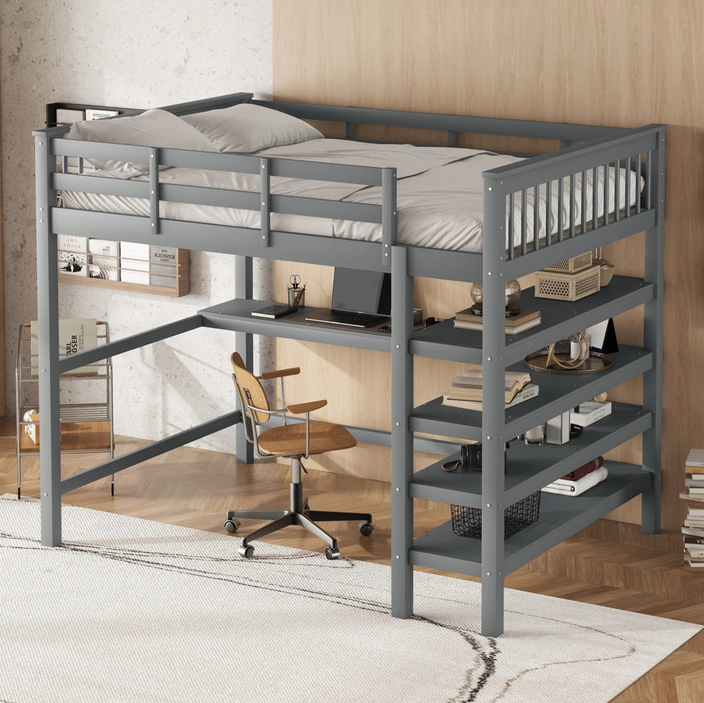 Letto a soppalco 140x200 cm con scrivania e vani portaoggetti in pino e MDF grigio
