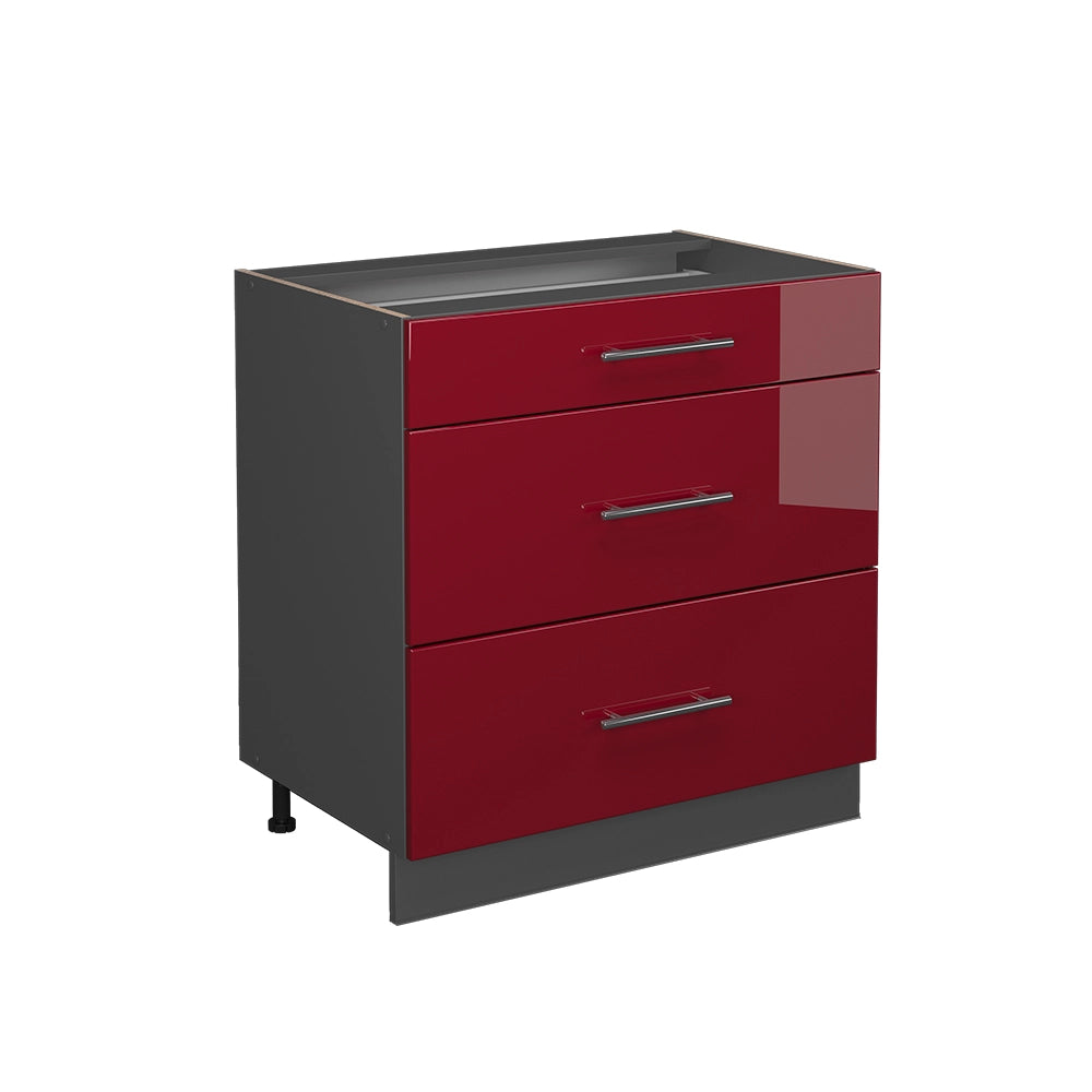 Vicco Mobiletto base per cucina Rosso bordeaux lucido 80 cm con 3 cassetti, senza piano di lavoro
