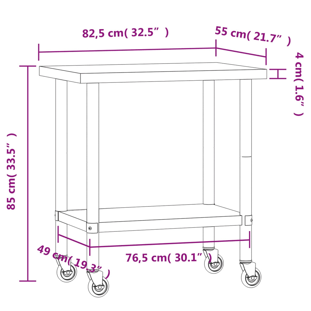 Tavolo da Lavoro Cucina con Ruote 82,5x55x85 cm in Acciaio Inox CFW8527361