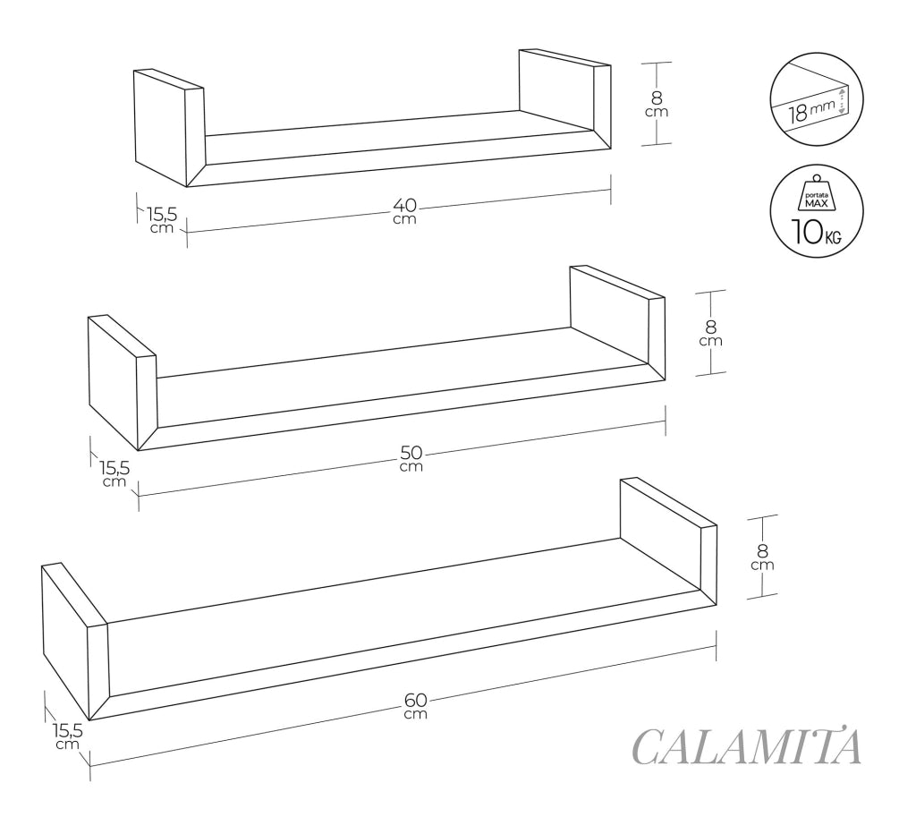 Set 3 Mensole da Parete 60-50-40x15,5x8 cm in Fibra di Legno Calamita Rosso