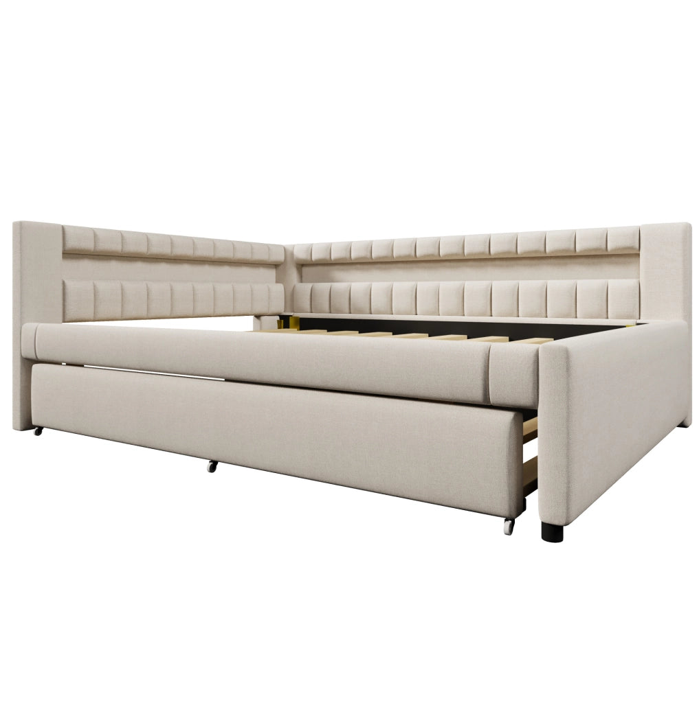 Letto singolo 140x200 cm con letto estraibile, LED e porte USB/Type-C beige HAVRYA