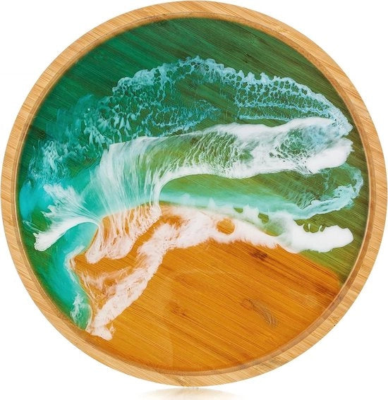 Tavolo di servizio decorativo con disegno di oceano su un fondo di bambù - tavolo salotto rotondo decorativo - tavolo da cucina da bagno con stile ottomano - tavolo da bagno per la vanità