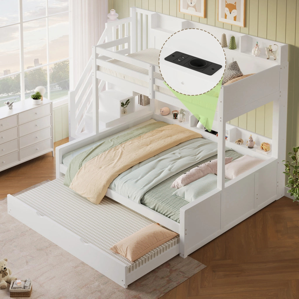 Letto a castello 90×200 cm e 140×200 cm 4 posti, estraibile 90×190 cm, USB e scale contenitore, senza materassi