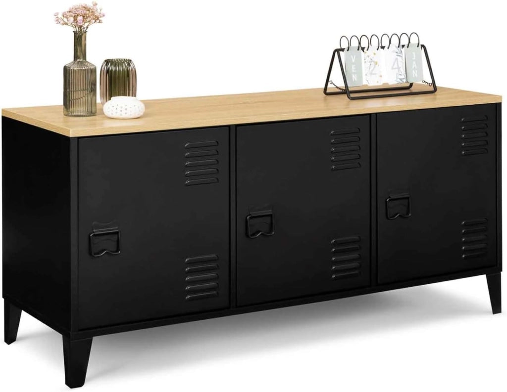 IDMarket - Credenza bassa a 3 ante, metal nero, vassoio in legno, design industriale ESTER