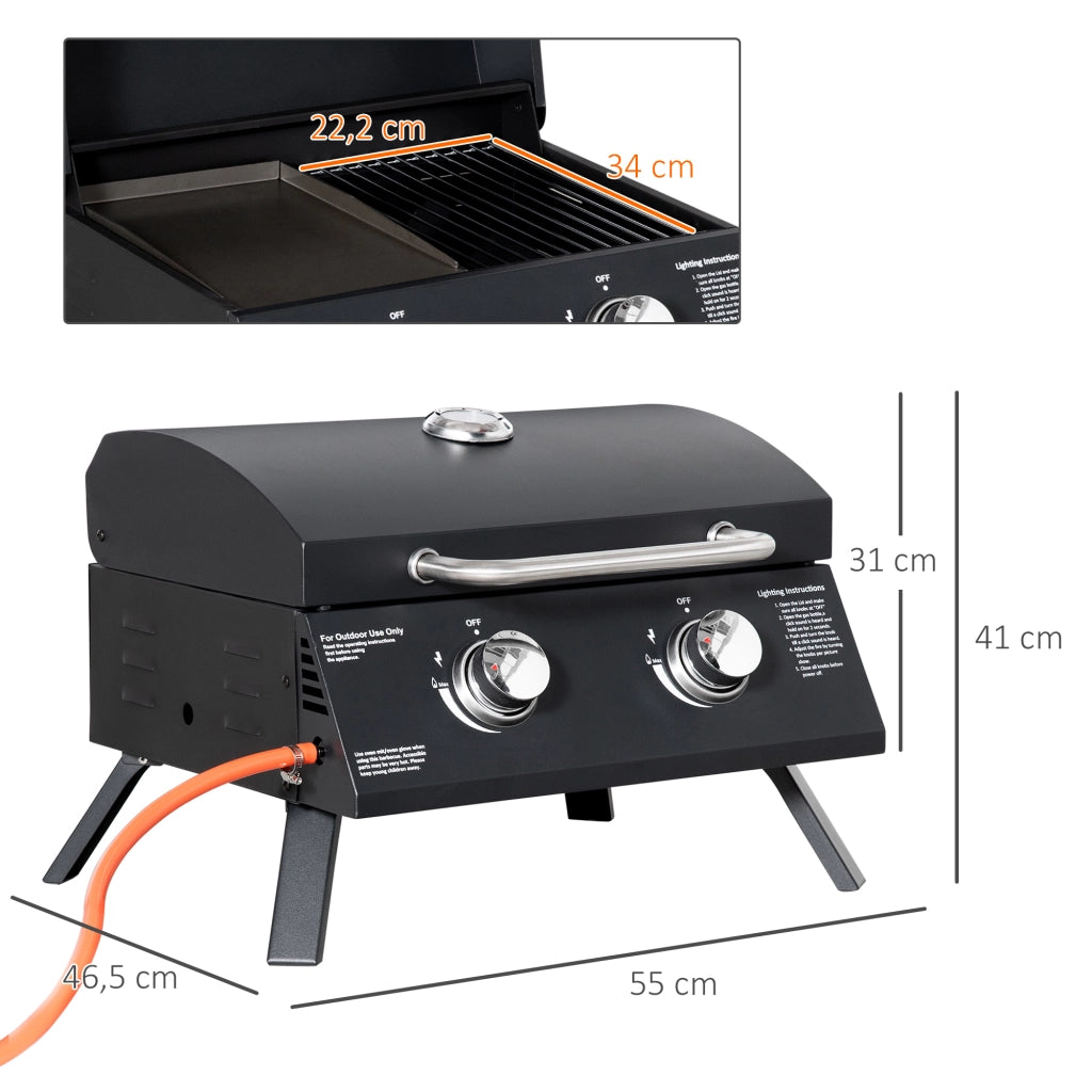Barbecue a Gas da Tavolo Pieghevole 2 Fuochi ¨C zephmum ¨C Nero 55x46.5x41 cm