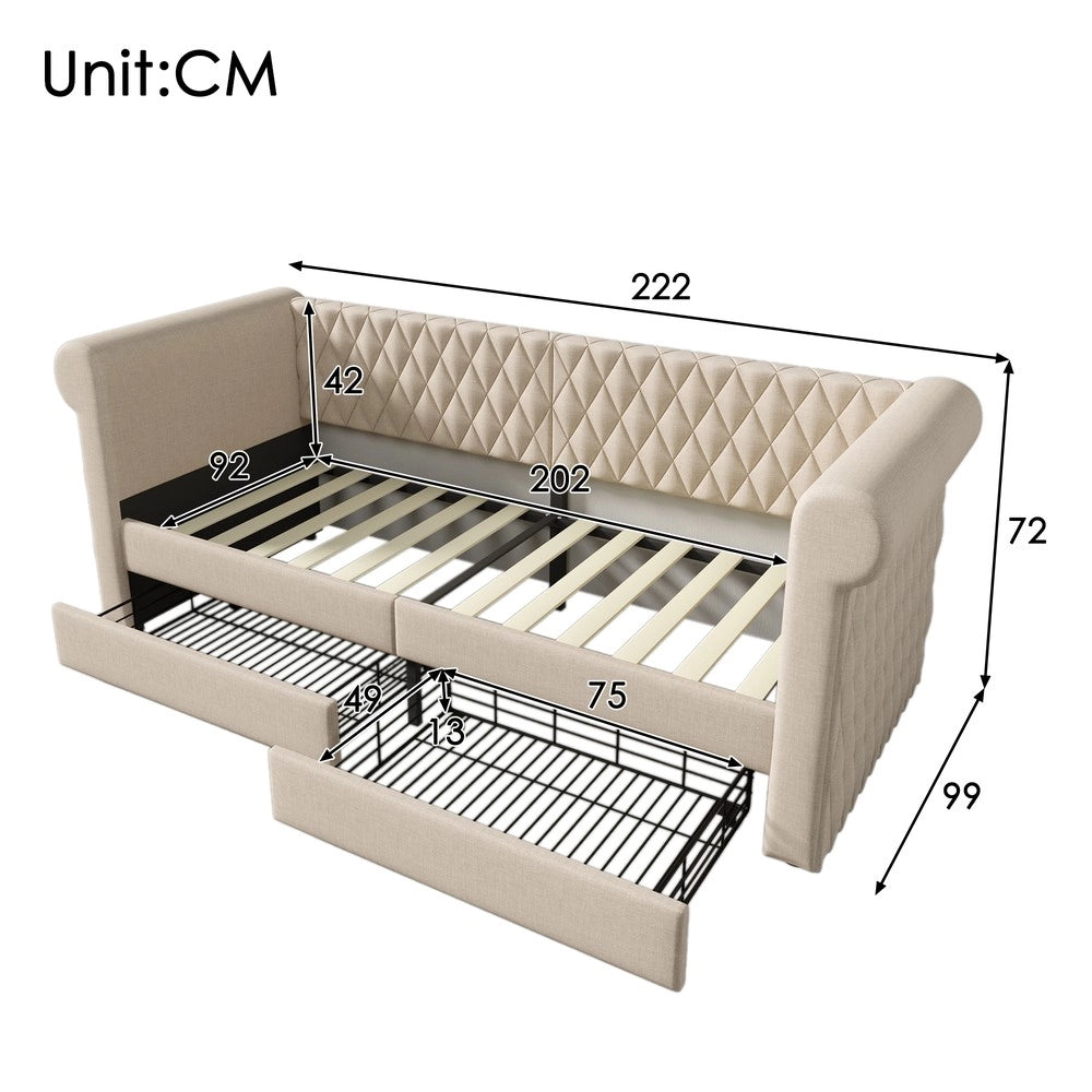 Letto Singolo Imbottito con Cassetti e Rete a Doghe ¨C MINIMAL ¨C Beige, 90x200