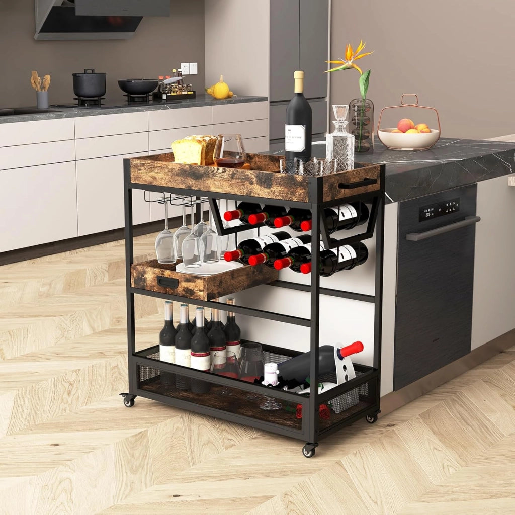 Carrello da cucina industriale a 3 livelli, carrello di servizio con portabottiglie, portabicchieri e vassoio estraibile, carrello ausiliario in legno con ruote, per sala da pranzo, bar, 88