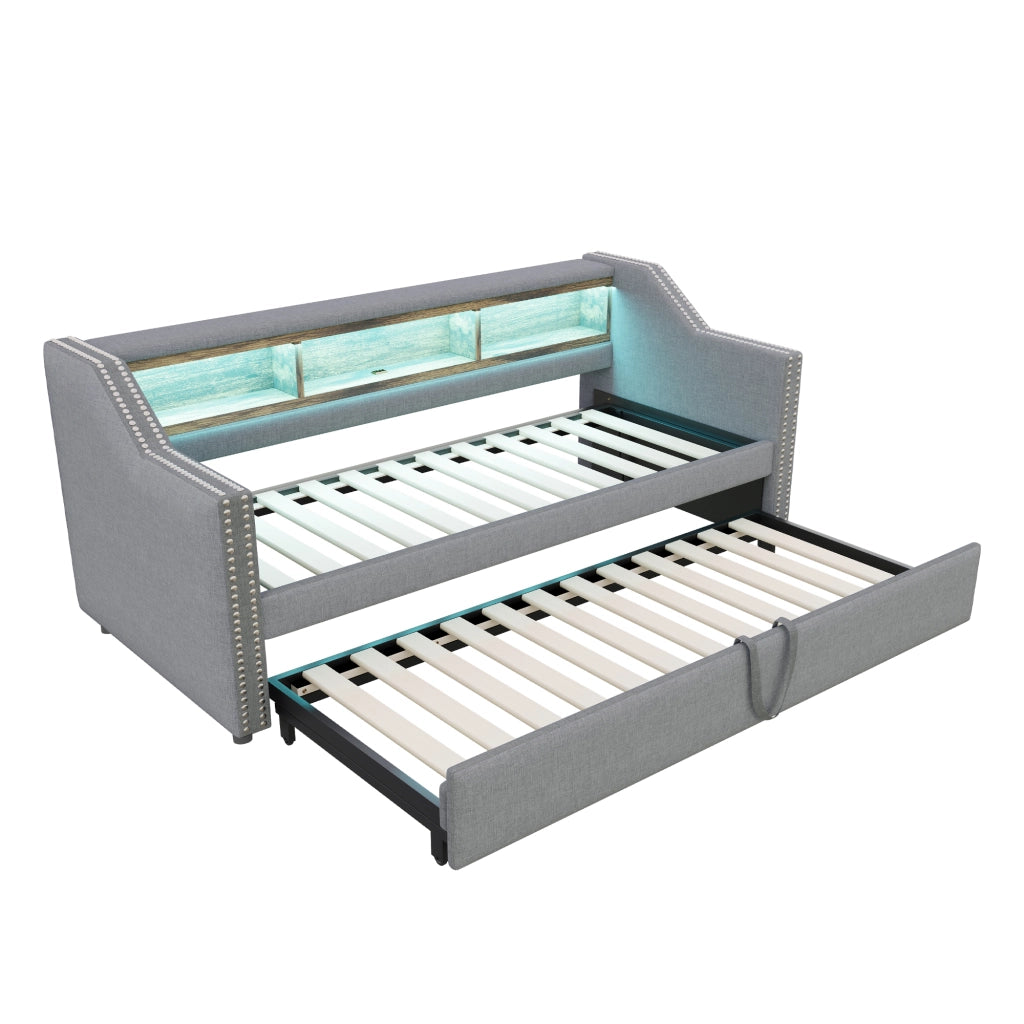 OKWISH Letto a Divano 90×190 cm, Letto Singolo con Letto Estraibile, 3 Ripiani, LED Regolabile e USB, senza Materasso, Grigio Chiaro