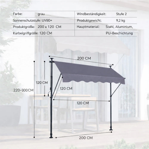 Tenda da balcone a bracci 200 x 150 cm, grigio scuro, regolabile in altezza e inclinazione, senza foratura