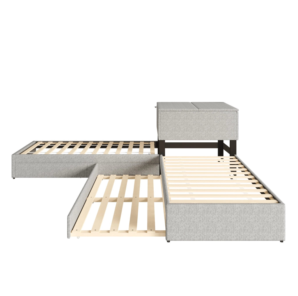 Letto angolare 90x200 cm con letto estraibile; armadietto e 2 cassetti; in lino grigio