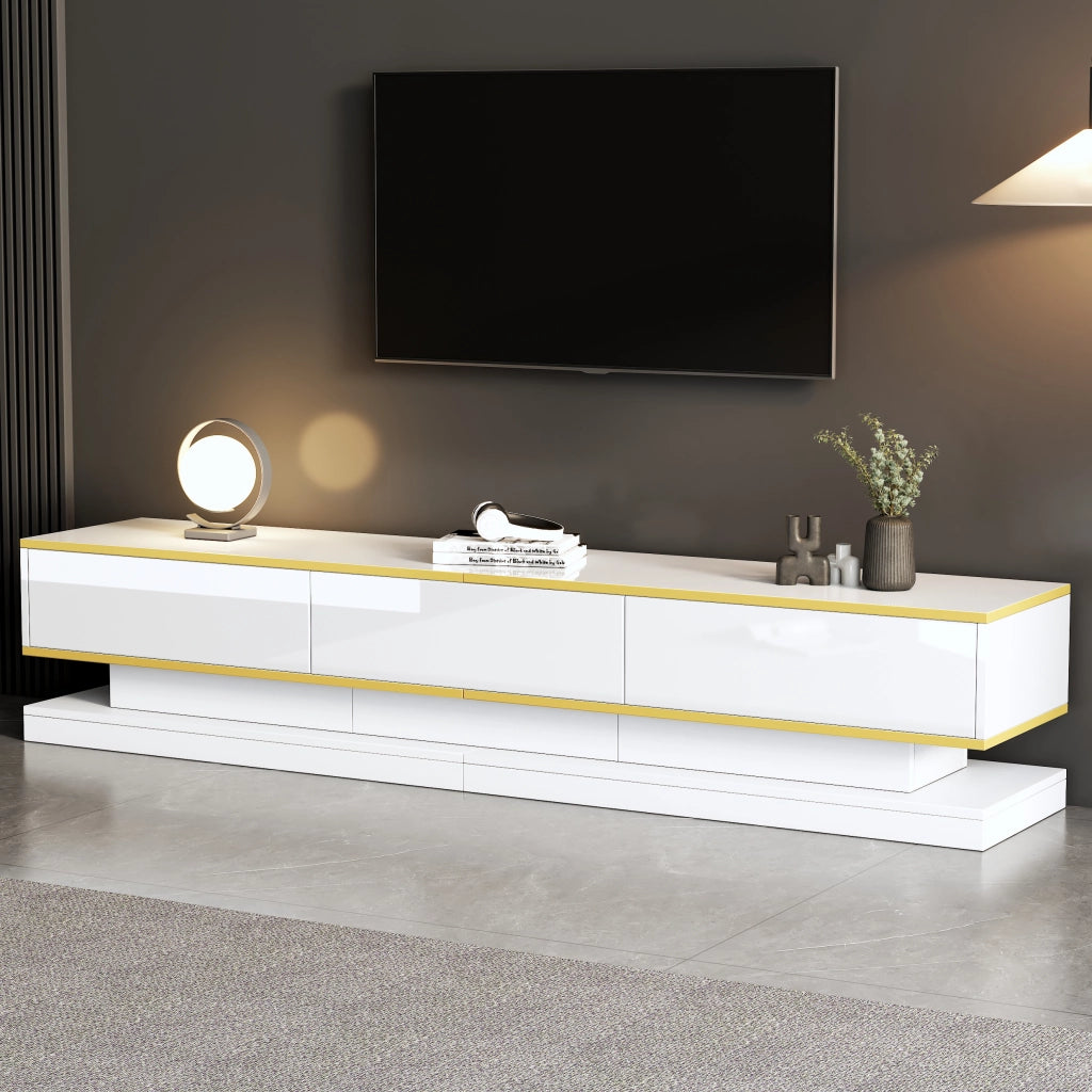 Mobile porta tv 200 cm bianco lucido con 3 cassetti e bordo dorato