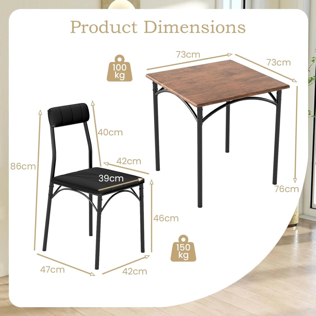 Set da tavolo da pranzo, set da cucina 3 pezzi con tavolo quadrato e 2 sedie imbottite senza braccioli, telaio in metallo, pattini antiscivolo, per sala da pranzo, cucina