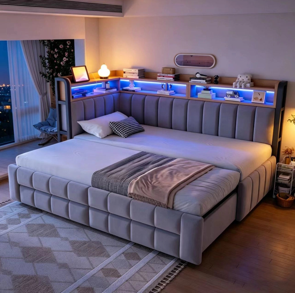 Divano letto imbottito 90x200 cm estensibile in velluto grigio chiaro con LED; USB e contenitore