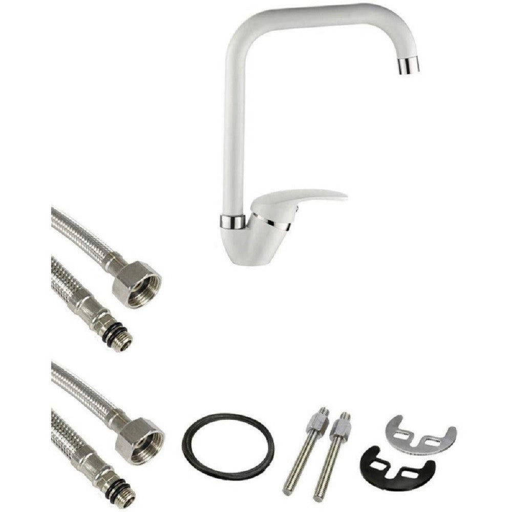 Trade Shop - Rubinetto Per Lavello Da Cucina A Canna Alta Quadrato Miscelatore Bianco 52946 -