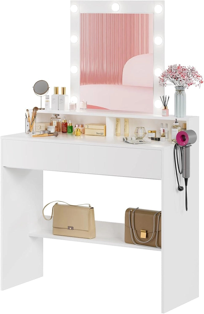 Toeletta da Trucco con Luci, Luminosità Regolabile,Tavolo da Trucco con Specchio,Postazione Trucco con 2 Cassetti,Porta Asciugacapelli,Make-up Desk,Moderno, Bianco