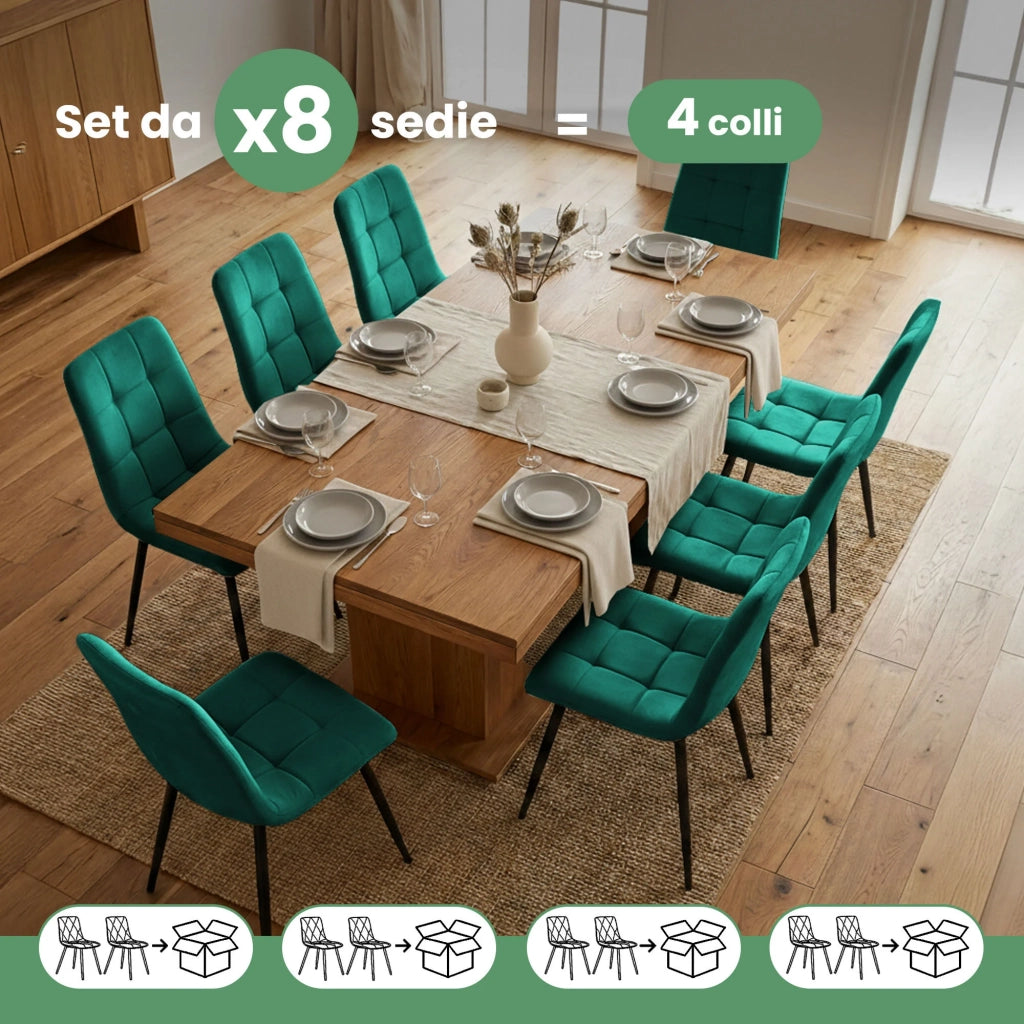 Set di 8 Sedie in velluto trapuntate NERO Verde Bottiglia gambe nere