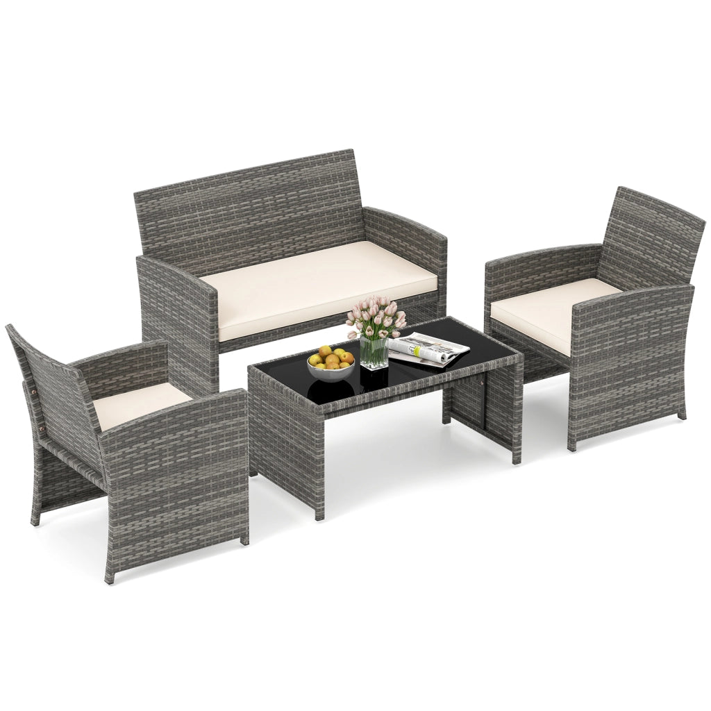 Set conversazione patio 4 pezzi in vimini con cuscini e vetro temperato, Mobili da esterno per giardino veranda balcone Bianco