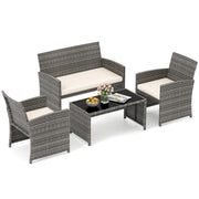 Set conversazione patio 4 pezzi in vimini con cuscini e vetro temperato, Mobili da esterno per giardino veranda balcone Bianco