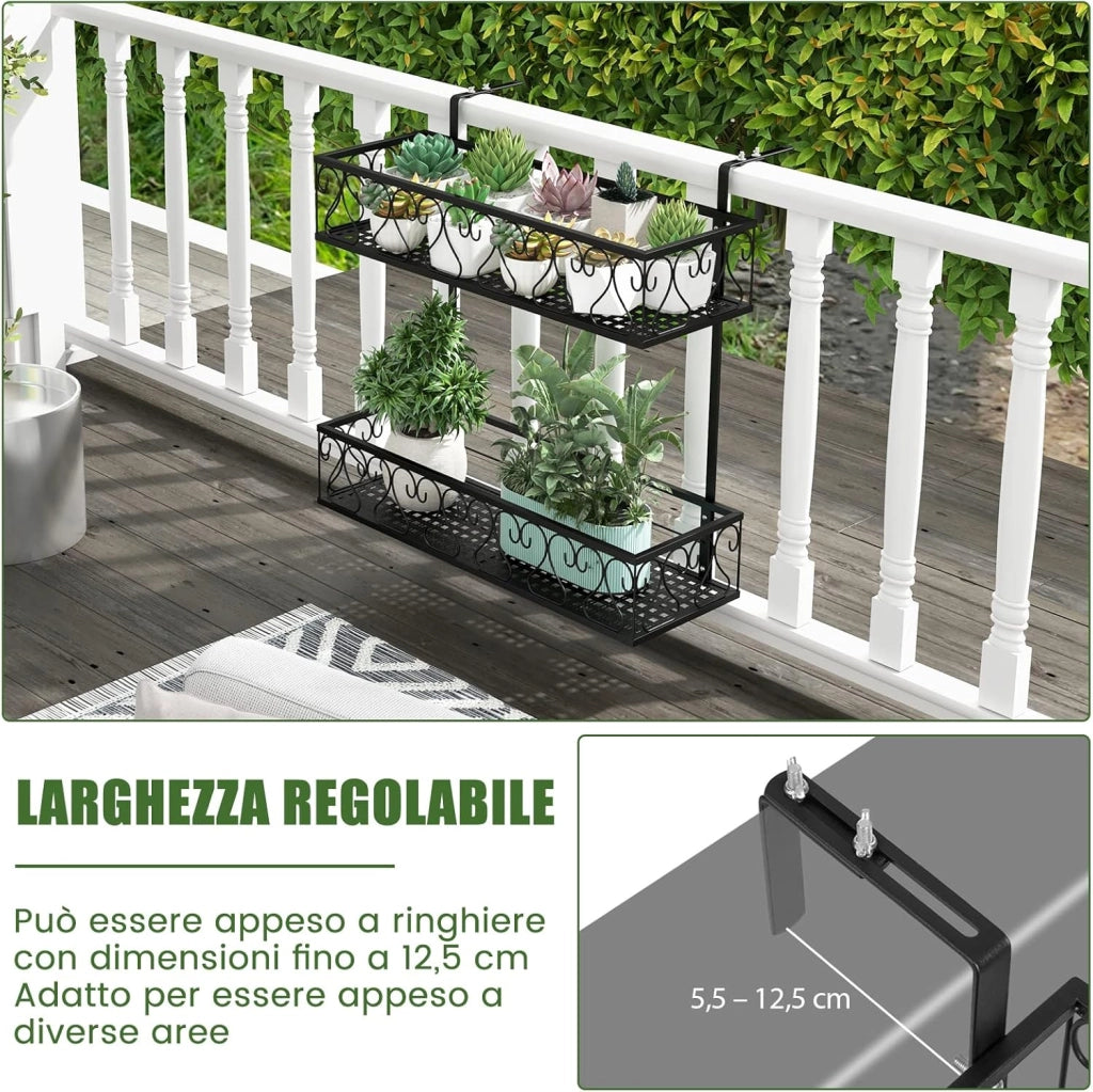 Porta Piante a 2 Livelli, Portavasi da Appender con Ganci Regolabili da 5,5-12,5 cm, Porta Fiori in Metallo da Esterno per Balcone e Recinto, Carico Massimo 30kg, Nero