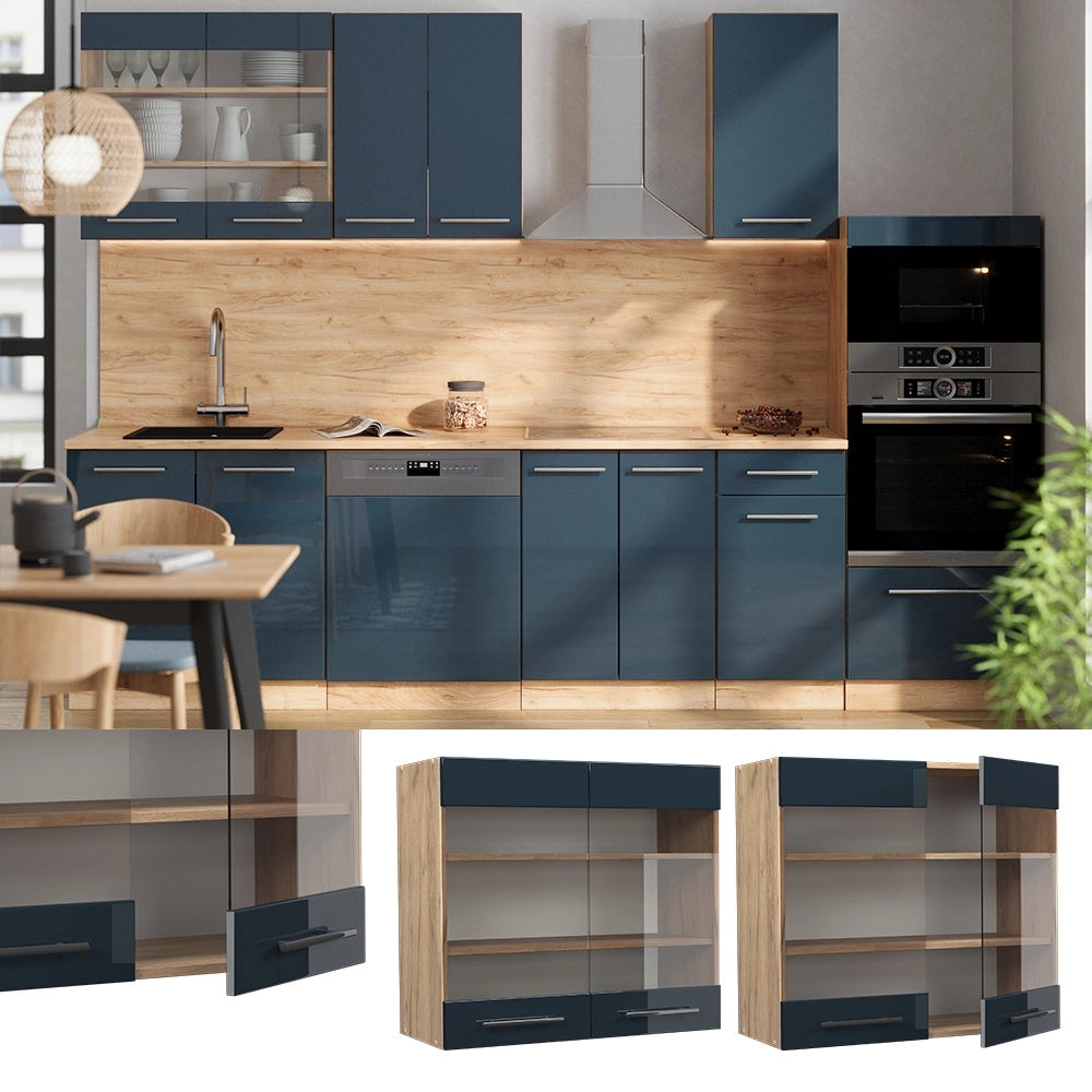 Mobile da cucina in vetro Fame-Line Blu scuro lucido/Rovere dorato 80 cm Vicco