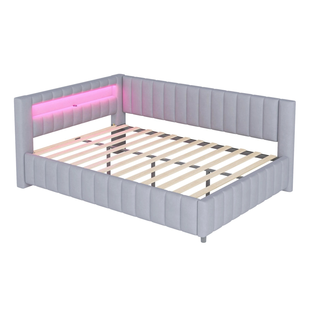 Divano letto 140x200 cm con LED e USB; velluto grigio (Senza materasso)