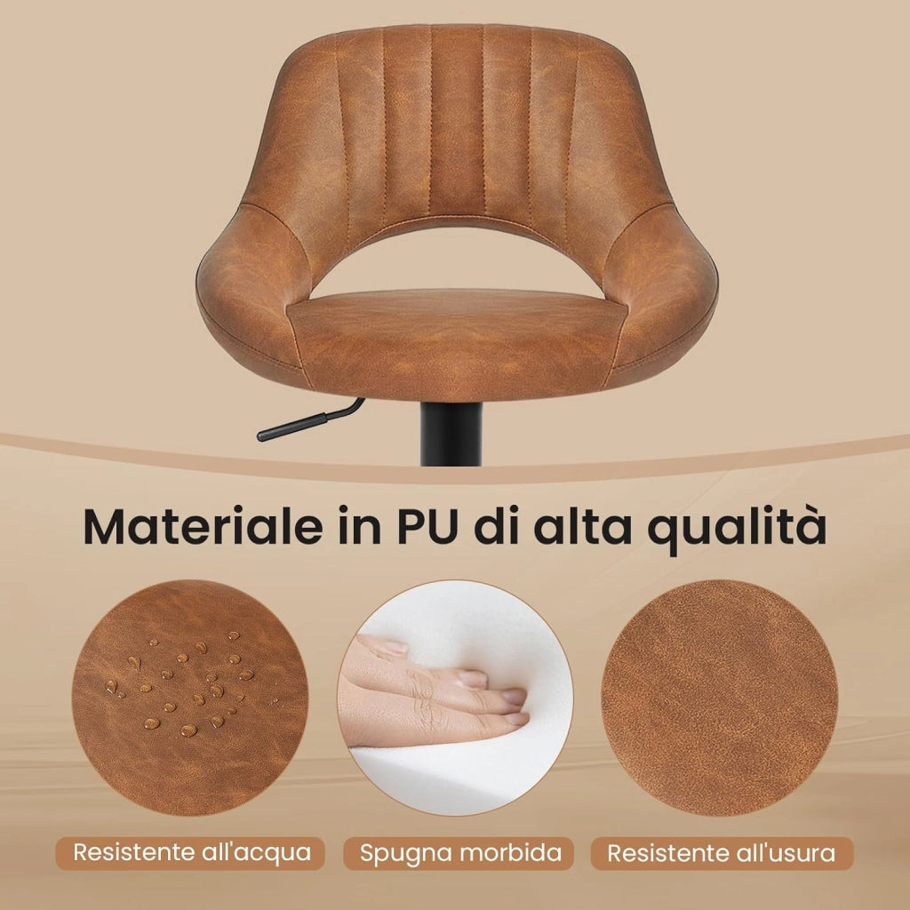 2x Sgabelli da Bar Cucina Sedia Alta da Sala Pranzo in Simipelle Regolabile e Girevole a 360° con Schienale Poggiapiedi Marrone 0667BY-2