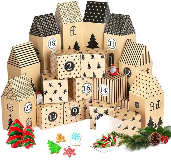 Calendario da Parete per Bambini 2025 - 24 Stuvi - Cartone - Riciclabile - Decorazione per Bambini - Scatole a Forma di Casa - Scatole di Regalo