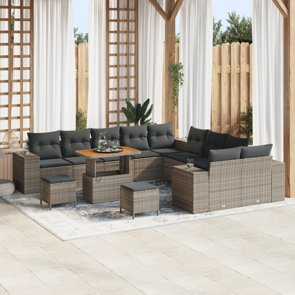 Set di Divani da Giardino  13 Pezzi con Cuscini Grigio Polirattan Acacia