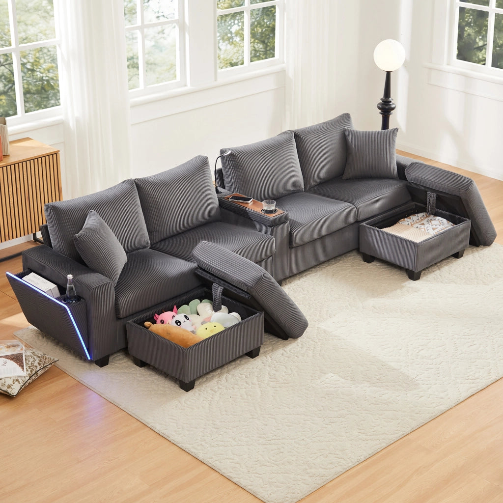 Divano a U con contenitore; lampada e USB in velluto a coste grigio 334×128.5×81 cm