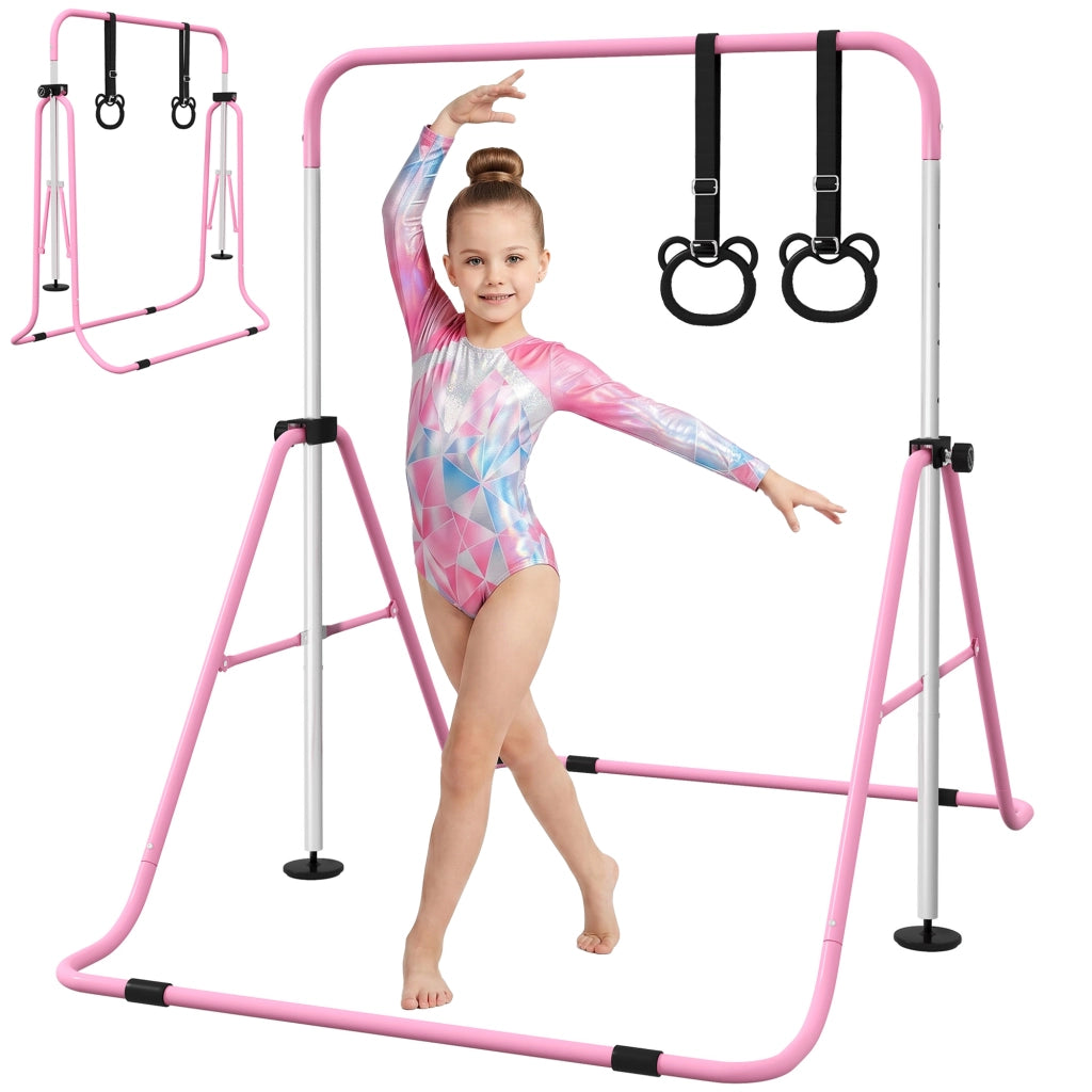 Sbarra Ginnastica Artistica per Bambini ad Altezza Regolabile con 2 Anelli, in Acciaio, 148x105x88-128 cm, Rosa