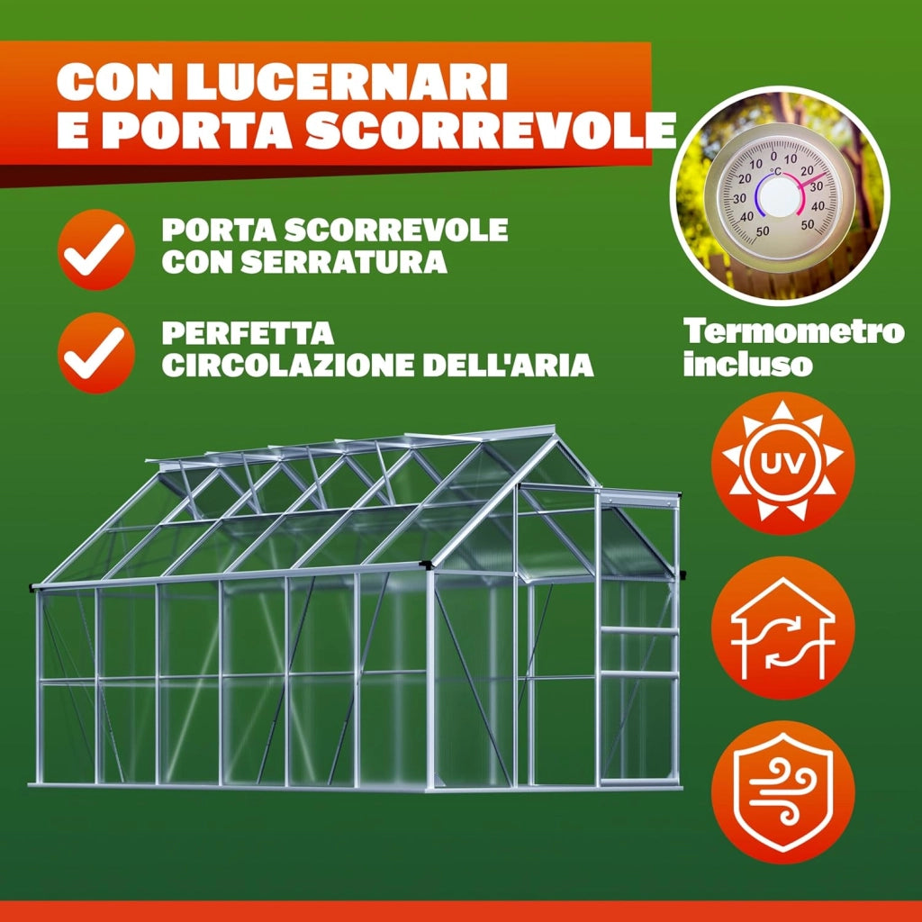 ® Serra da Giardino in Alluminio 7,2m² 380x190cm incl. 4 Lucernari Coltivazione Orto per Piante Giardinaggio 11,73m³