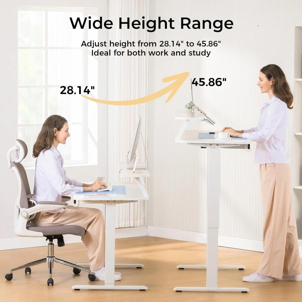 Scrivania elettrica regolabile in altezza, 120 x 60 cm, con cassetti, supporto per monitor, supporto per tablet, con 3 altezze di controllo memoria, bianco