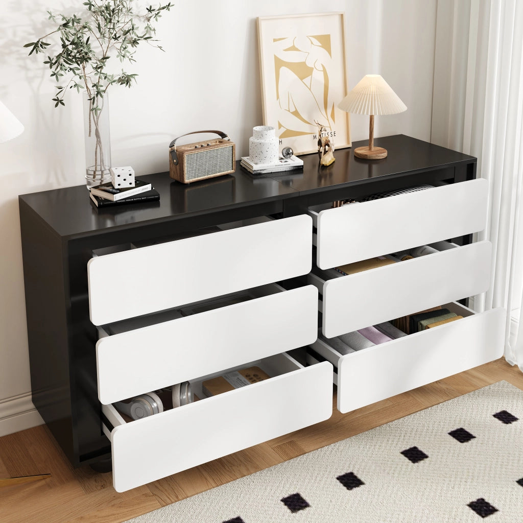 Credenza Cassettiera con 6 Cassetti; Angoli Arrotondati; Piedini in Metallo; Stile Moderno; in Pannello Truciolare; 140??38??74;5 cm; Bianco Nero