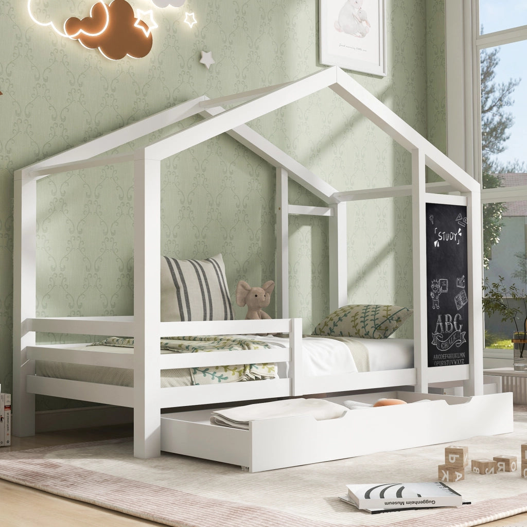 Letto a casa in legno massello bianco con lavagna e 2 cassetti 90x200 cm