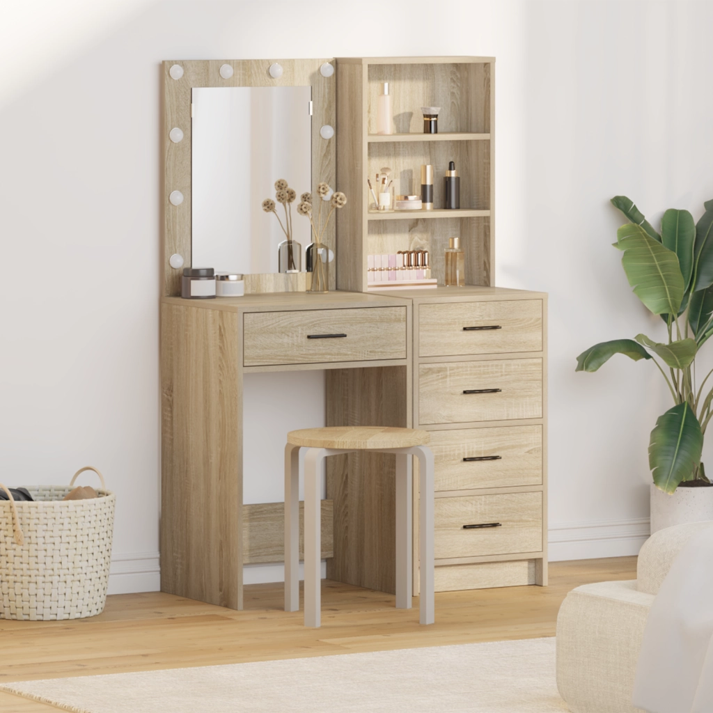 Set di 2 pezzi per toeletta con LED in legno ingegnerizzato di rovere Sonoma