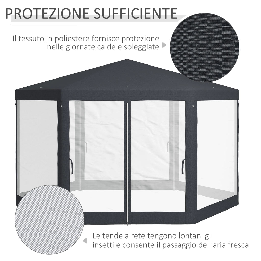 Gazebo da Giardino Esagonale ¨C zephmum ¨C Grigio, Metallo e Poliestere, 394x394x250 cm