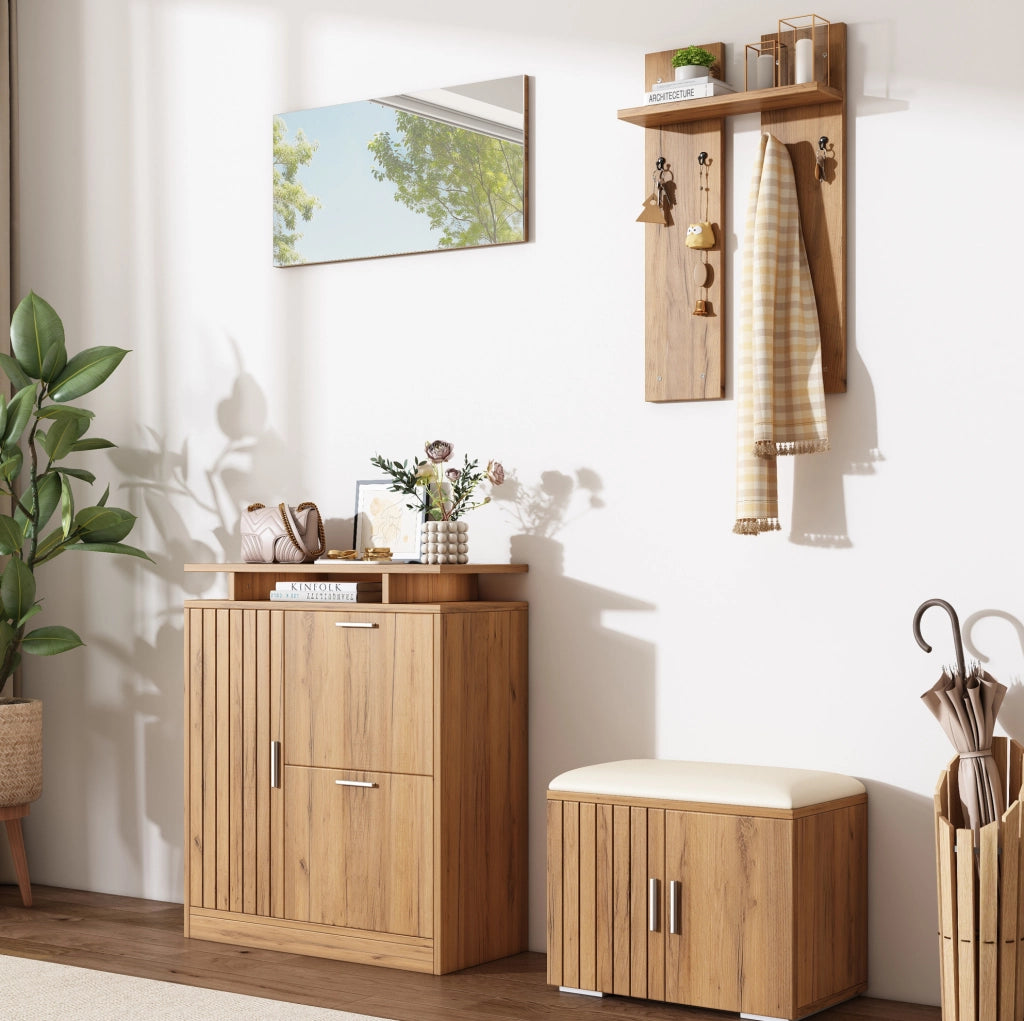 Set guardaroba da ingresso con panca, scarpiera, specchio e appendiabiti naturale