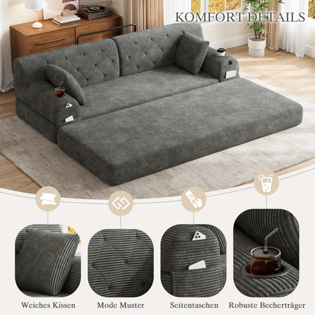 Divano letto a 3 posti con schienale alto, 4 tasche e 2 portabicchieri in tessuto effetto corda grigio scuro