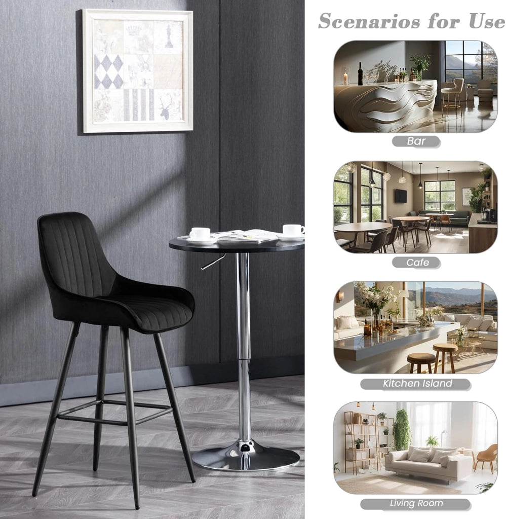 4 Sgabelli Alti da Bar con Schienale, Sedie Moderne con Poggiapiedi Quadrato, Sedie in Velluto Ergonomiche per Bistrot, Altezza Sedile 71cm, Gmabe in Metallo, Nero, BH394sz-4