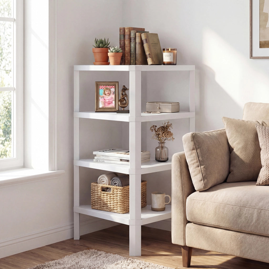Supporto scaffale ad angolo a 4 ripiani con scaffali a doghe aperte, Libreria moderna per casa e ufficio Bianco