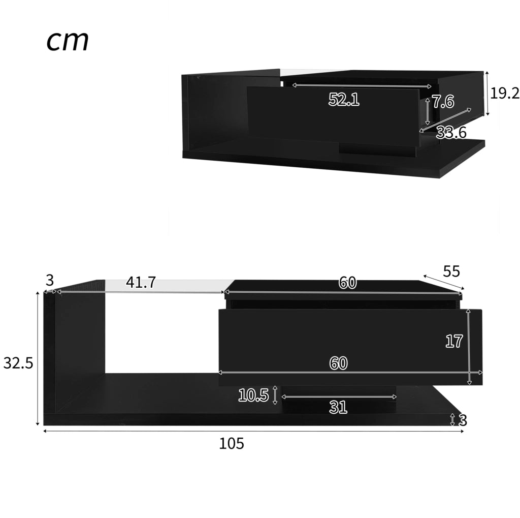 Tavolino da salotto moderno 105x55x32;5 cm in truciolare nero lucido con LED