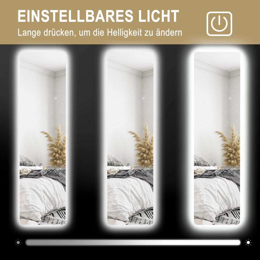 Specchio a figura intera, 150 x 40 cm, specchio da terra con illuminazione a LED, 3 colori di luce, specchio da parete con supporto, interruttore