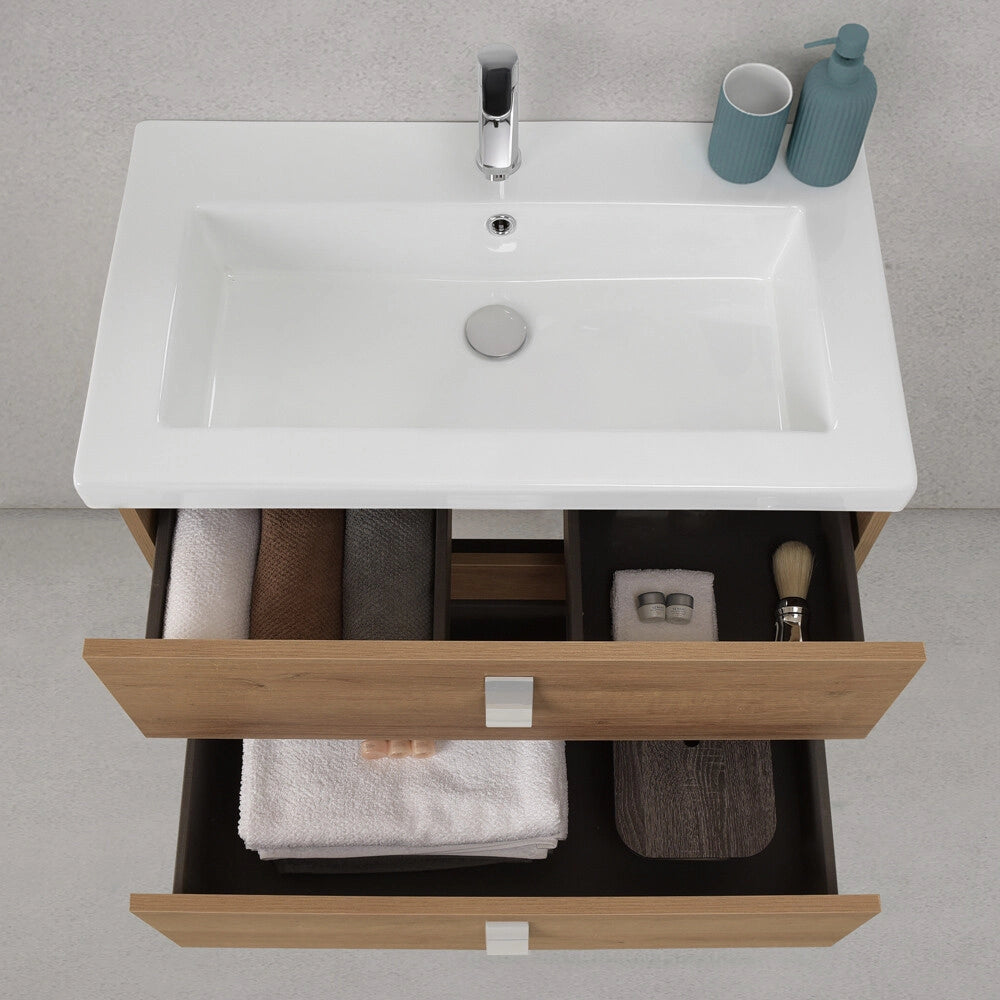 Mobile bagno sospeso 80 cm in rovere chiaro con lavabo e specchio tondo Bravo