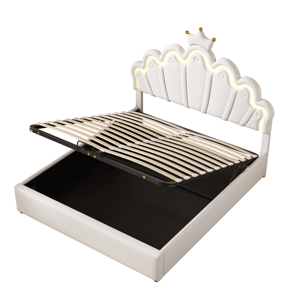 Letto imbottito 140x200 cm con LED e contenitore; PU; bianco
