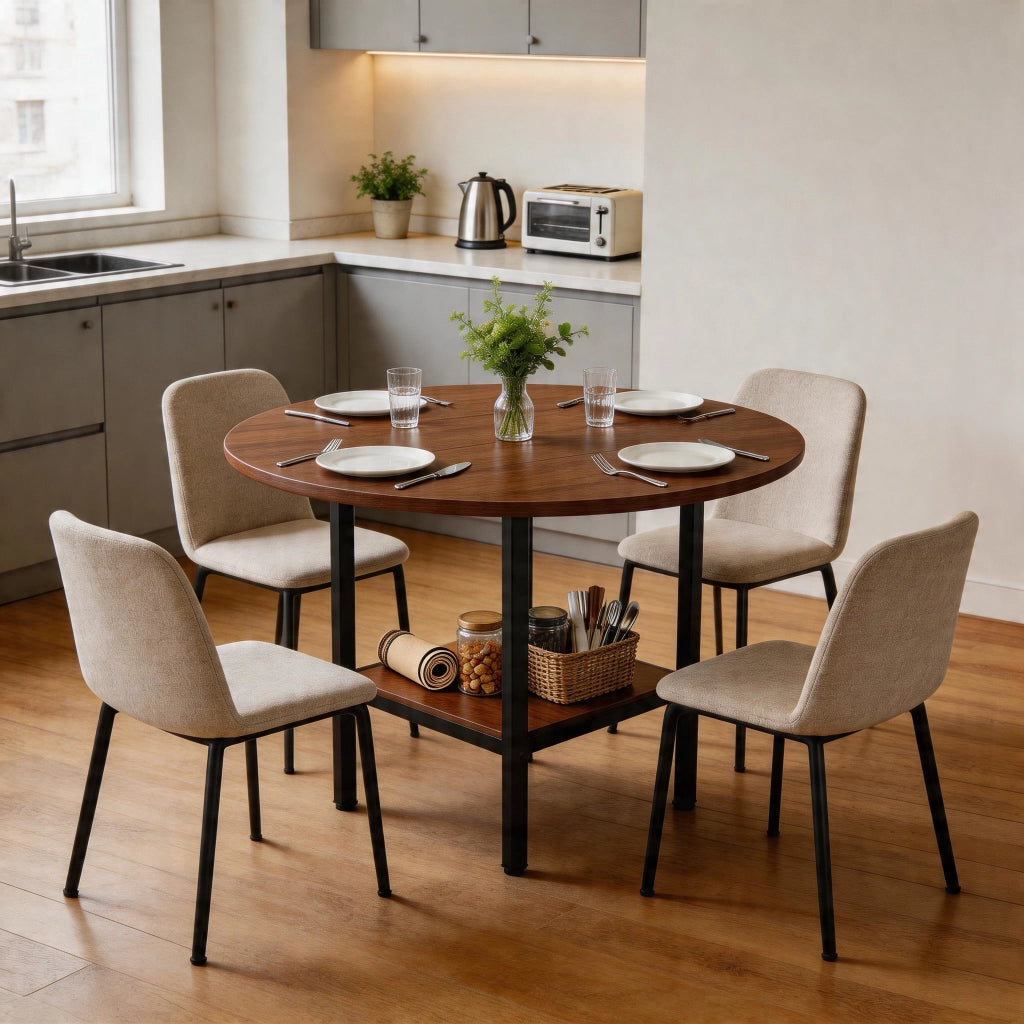 Tavolo da pranzo rotondo con ripiano contenitore in MDF e metallo per cucina e sala da pranzo 100 × 100 × 77 cm