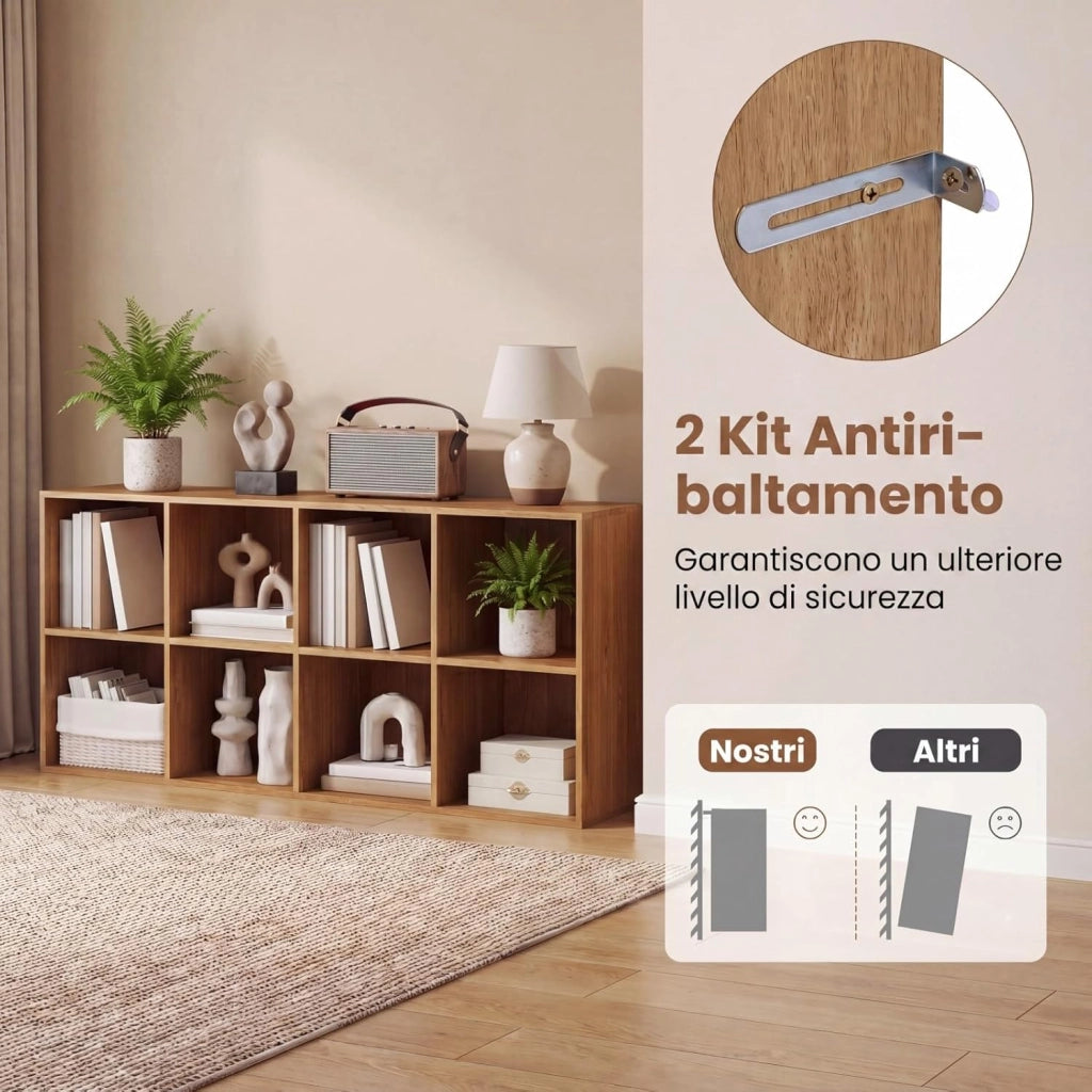 Libreria Basso a 8 Scomparti Aperti, 121,5 X 29 X 61 CM, Scaffale Libreria in legno con Dispositivi Antiribaltamento, Carico 180 KG, Espositore Salvaspazio per Soggiorno, Ufficio