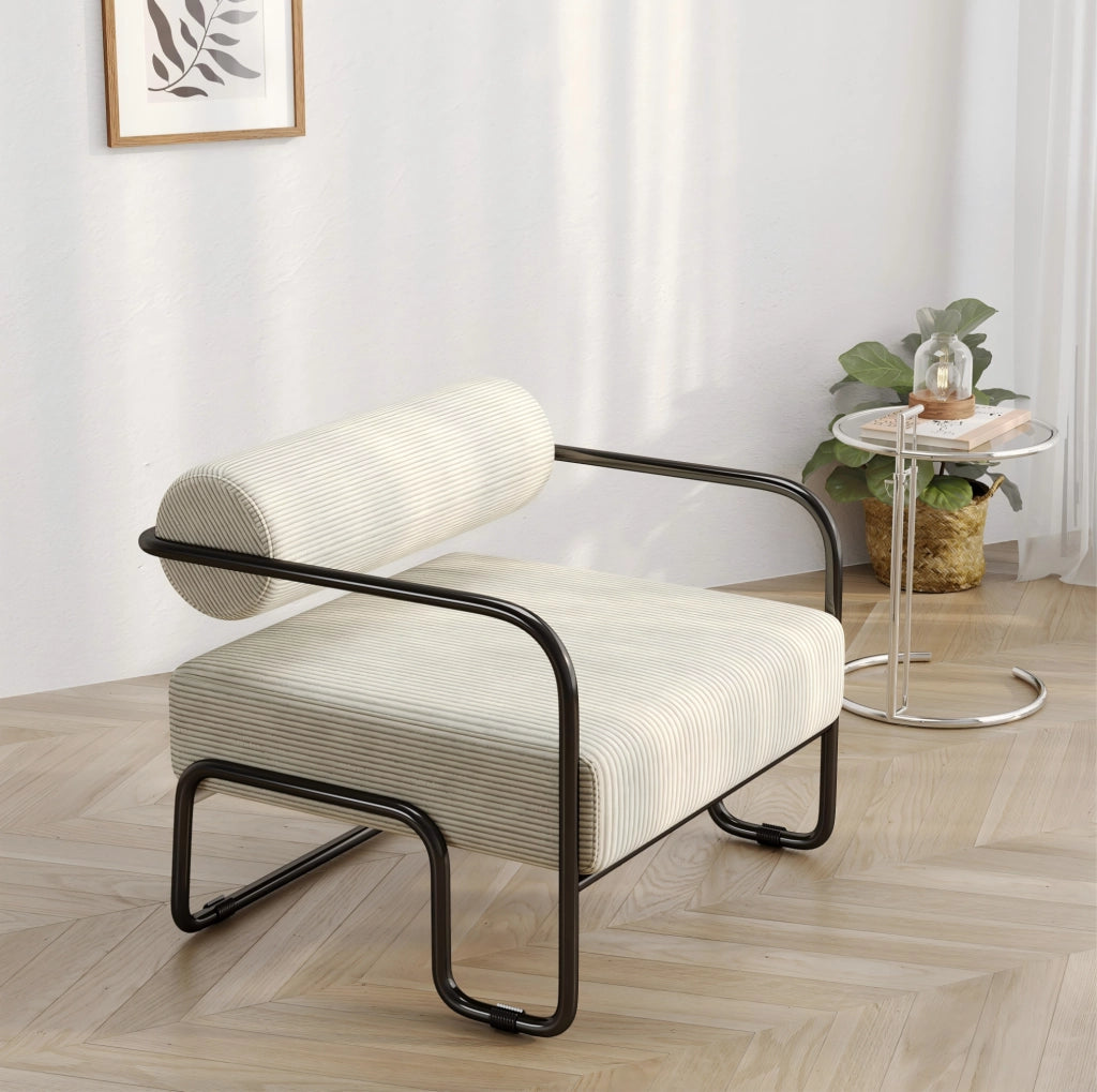 Poltrona da relax beige in velluto a coste con struttura in metallo