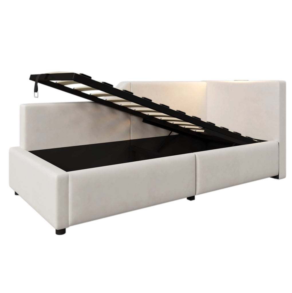 Letto a giorno 90x200 cm con contenitore; lampada da lettura e USB C; velluto beige