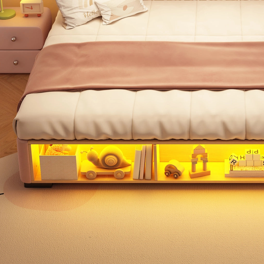 Letto imbottito per bambini rosa 140x200 cm con LED e vano laterale